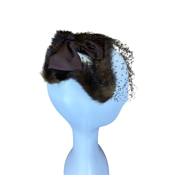 Brown Women’s Mink Fur Cocktail Hat With Bow & Net Veil Vintage Elegant Style - Picture 3 of 5
